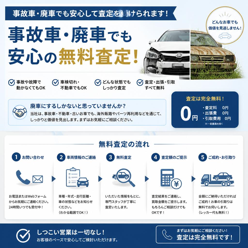 事故車・廃車もお任せ！無料査定の流れ