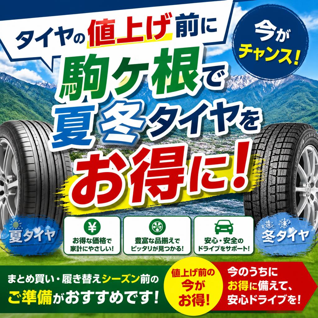 タイヤの値上げ前に駒ケ根で夏冬タイヤをお得に！
